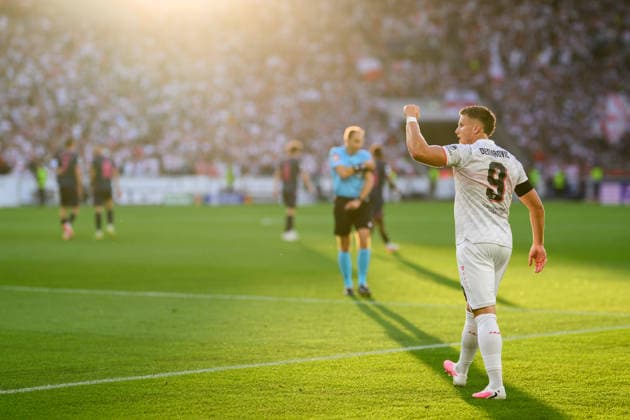 September 9, 2009: Ermedin Demirovic of Stuttgart celebrates after scoring the 1-0 goal during the UEFA Champions League soccer match between VfB Stuttgart and Viking on September 9, 2026 in Stuttgart. Photo by Marius Simensen, BILDBYRAN COP 238 MM0072 bbeng football soccer UEFA Champions League Viking VfB Stuttgart celebration  Copyright: MARIUSxSIMENSEN BB260909BB572