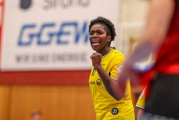 GER, Bensheim, HSG Bensheim Auerbach Flames vs. Borussia Dortmund, Alsco Women s Handball Bundesliga, Handball, DHB, 2026–2027 Season, Weststadthalle Bensheim, Matchday 3 in Pictures: Laetitia Quist, BVB Borussia Dortmund Women s Team 6, Goal, Celebration and Joy, Emotions. DFB and DFL regulations prohibit any use of photographs as image sequences and or quasi-video. September 9, 2026 Copyright: HMBxMedia HendrikxHamelau