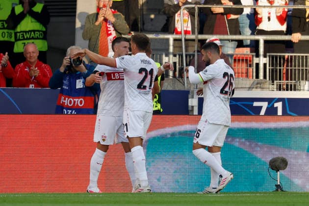 From left to right: Goal scorers Ermedin Demirovic (VfB Stuttgart), Grischa Prömel (VfB Stuttgart), and Deniz Undav (VfB Stuttgart), Celebrating after the 1–0 goal, cheering, celebrated, cheers, cheering, emotions, during the UEFA Champions League match between VfB Stuttgart and Viking FK at the MHP Arena, Stuttgart, Germany, on September 9, 2026, in action during the UEFA Champions League match between VfB Stuttgart and Viking FK at the MHP Arena, Stuttgart, Germany, on September 9, 2026 Copyright: HMBxMedia xHeikoxBecker