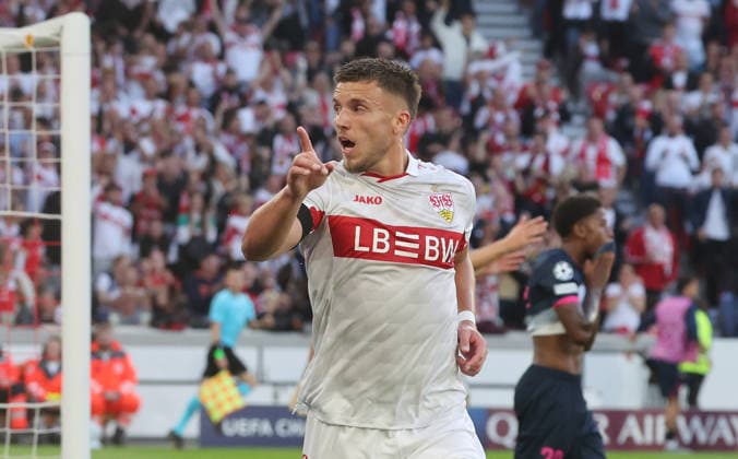 Stuttgart, Soccer, UEFA Champions League, VfB Stuttgart vs. Viking Stavanger, Ermedin Demirovic celebrates for VfB