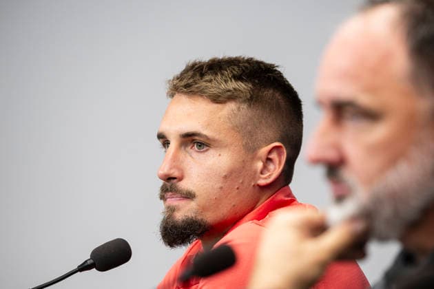 Lukas Sadilek, left, and head coach Jindrich Trpisovsky, right, at the press conference, PK, Pressekonferenz of the SK Slavia Praha team prior to the UEFA Champions League opening round match: SK Slavia Praha vs RC Lens, in Prague, Czech Republic, on September 9, 2026. (CTKxPhoto MichalxKamaryt) CTKPhotoP2026090908168 CTKPhotoP2026090908168