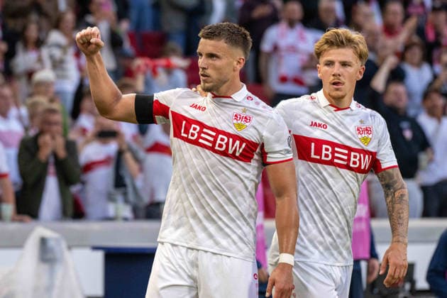 Goal celebration by scorer Ermedin Demirovic; celebration and joy from Finn Jeltsch, VfB Stuttgart xettx, Germany, Stuttgart, September 9, 2026, Soccer, UEFA Champions League: VfB Stuttgart vs. Viking FK Stavanger, 2026–2027 season, Match Day 1, MHP Arena