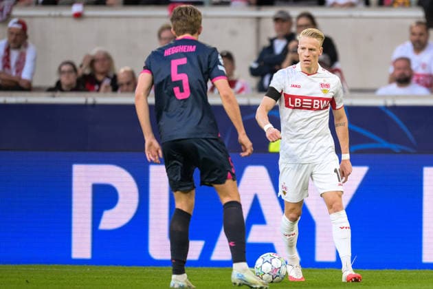 Soccer, UEFA Champions League, 20260909, VfB Stuttgart vs. Viking FK Stavanger. Pictured, from left: Henrik HEGGHEIM (Stavanger, No. 5) and Chris FÜHRICH (Stuttgart, No. 10). Stuttgart MHP Arena, Baden-Württemberg, Germany Copyright: Passion2Press MarkusxFischerx