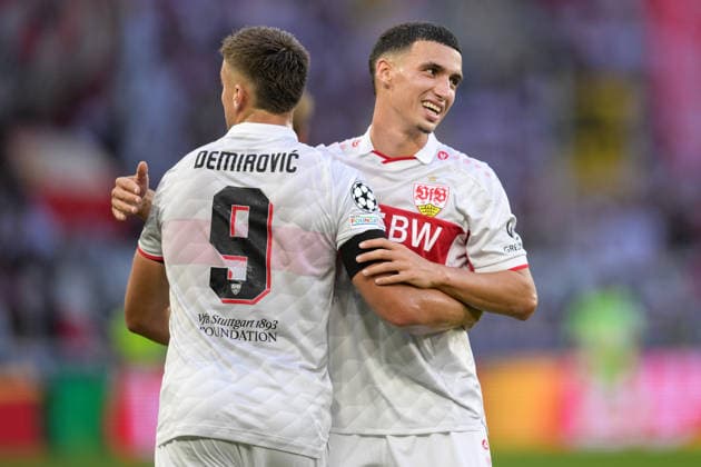 Soccer, UEFA Champions League, 20260909, VfB Stuttgart vs. Viking FK Stavanger. Pictured: Goal 2-1; from left: Ermedin DEMIROVIC (Stuttgart, 9) and Bilal EL KHANNOUSS (Stuttgart, 11). Stuttgart MHP Arena, Baden-Württemberg, Germany Copyright: Passion2Press MarkusxFischerx