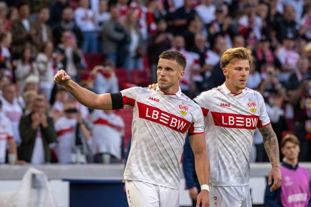 Goal celebration by scorer Ermedin Demirovic; celebration and joy from Finn Jeltsch, VfB Stuttgart xettx, Germany, Stuttgart, September 9, 2026, Soccer, UEFA Champions League: VfB Stuttgart vs. Viking FK Stavanger, 2026–2027 season, Match Day 1, MHP Arena