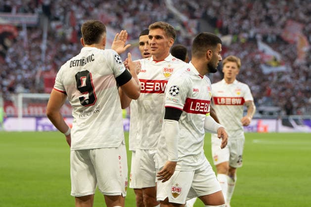 Celebrations after Ermedin Demirovic of VfB Stuttgart scored the opening goal, 2–1, 09, celebrating with Chris Führich of VfB Stuttgart, 10, Grischa Prömel of VfB Stuttgart, 21, Deniz Undav of VfB Stuttgart, 26, Grischa Prömel of VfB Stuttgart, 21, GER, VfB Stuttgart vs. Viking FK Stavanger, soccer, UEFA Champions League, Matchday 1, 2026–2027 season, September 9, 2026, GER, VfB Stuttgart vs. Viking FK Stavanger, soccer, UEFA Champions League, Matchday 1, 2026–2027 season, September 9, 2026, Stuttgart Copyright: xEibner-Pressefoto EdwardxCheungx EP_ECG