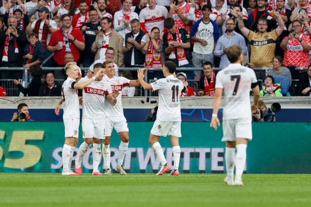 VfB Stuttgart celebrates Ermedin Demirovic s goal, making the score 3–1, VfB Stuttgart, 09, Germany, Soccer, UEFA Champions League, Matchday 1, 2026–2027, VfB Stuttgart vs. Viking Stavanger, September 9, 2026, Stuttgart Arena, Stuttgart, Germany Copyright: xGrantxHubbsx