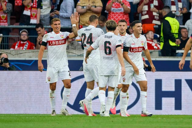 VfB Stuttgart celebrates Ermedin Demirovic s goal, making the score 3–1, VfB Stuttgart, 09, Germany, Soccer, UEFA Champions League, Matchday 1, 2026–2027, VfB Stuttgart vs. Viking Stavanger, September 9, 2026, Stuttgart Arena, Stuttgart, Germany Copyright: xGrantxHubbsx