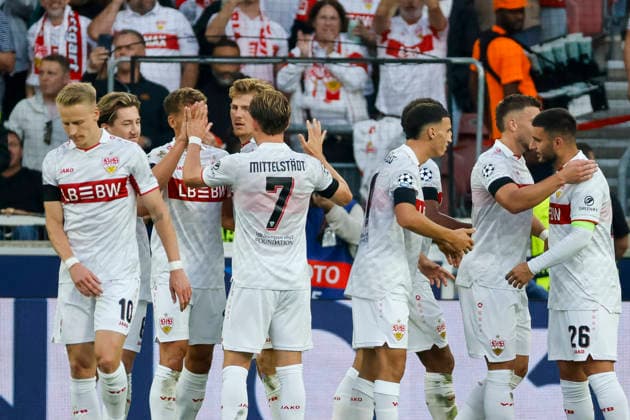 VfB Stuttgart celebrates Ermedin Demirovic s goal, making the score 3–1, VfB Stuttgart, 09, Germany, Soccer, UEFA Champions League, Matchday 1, 2026–2027, VfB Stuttgart vs. Viking Stavanger, September 9, 2026, Stuttgart Arena, Stuttgart, Germany Copyright: xGrantxHubbsx