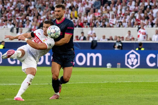 Ermedin Demirovic of VfB Stuttgart scores the 3-1 goal; Gianni Stensness of Viking FK Stavanger is unable to prevent it xettx, Germany, Stuttgart, September 9, 2026, Soccer, UEFA Champions League: VfB Stuttgart vs. Viking FK Stavanger, 2026–2027 season, Matchday 1, MHP Arena