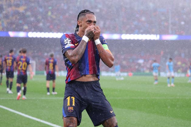 September 9, 2026, Barcelona, Barcelona, Spain: Raphinha Dias Belloli of FC Barcelona, Barca celebrates after scoring his team s first goal during the UEFA Champions League 2026 27 League Phase MD1, football match played between FC Barcelona and Feyenoord at Spotify Camp Nou Stadium on September 09, 2026 in Barcelona, Spain. Barcelona Spain - ZUMAa181 20260909_zaa_a181_086 Copyright: xJavierxBorregox