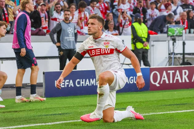 09 09 26 VfB Stuttgart vs. Viking Stavanger, Germany, Stuttgart, 09 09 2026, Soccer, UEFA Champions League, 2026–2027 season, VfB Stuttgart vs. Viking Stavanger, Ermedin Demirovic, VfB Stuttgart, celebrating a goal (2–1), Demirovic