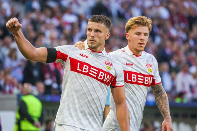 09 09 26 VfB Stuttgart vs. Viking Stavanger, Germany, Stuttgart, 09 09 2026, Soccer, UEFA Champions League, 2026–2027 Season, VfB Stuttgart vs. Viking Stavanger: Ermedin Demirovic (left), Finn Jeltsch (both VfB Stuttgart), celebrating a 2-1 goal by Demirovic