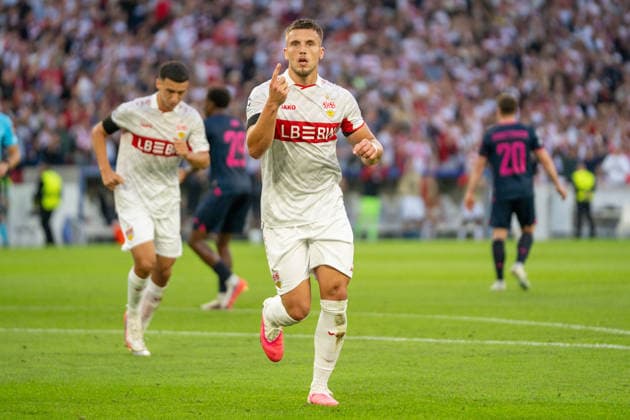 Ermedin Demirovic of VfB Stuttgart celebrates his goal in the 9th minute after scoring a hat trick to make it 3–1, VfB Stuttgart vs. Viking FK, Soccer, Champions League, Matchday 1, September 9, 2026, DFB regulations prohibit any use of photographs as image sequences and or quasi-video; Stuttgart, Baden-Württemberg, Germany Copyright: xkolbert-press PhilipxZieglerx