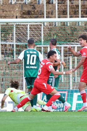 September 9, 2026, xrekx, Regional League Southwest Soccer, FC Homburg vs. 1. FC Kaiserslautern II – Goal celebration after Dion Hofmeister scored the 0-1 goal for 1. FC Kaiserslautern II against Homburg