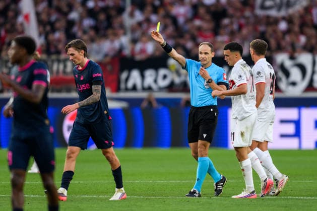 September 9, 2026: Kristoffer Askildsen of Viking is shown a yellow card during the UEFA Champions League soccer match between VfB Stuttgart and Viking on September 9, 2026 in Stuttgart. Photo by Marius Simensen, BILDBYRAN COP 238 MM0072 bbeng football soccer UEFA Champions League Viking VfB Stuttgart  Copyright: MARIUSxSIMENSEN BB260909BB633