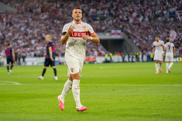 Ermedin Demirovic of VfB Stuttgart celebrates his goal in the 9th minute after scoring a hat trick to make it 3–1, VfB Stuttgart vs. Viking FK, Soccer, Champions League, Matchday 1, September 9, 2026, DFB regulations prohibit any use of photographs as image sequences and or quasi-video. Stuttgart, Baden-Württemberg, Germany Copyright: xkolbert-press PhilipxZieglerx