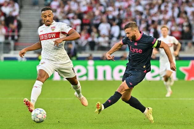 STUTTGART, GERMANY; 09. SEPTEMBER: tackle between Jamie LEWELING (VfB Stuttgart 18) and Zlatko TRIPIC (Viking FK 10) during the Champions League Match between VfB Stuttgart vs. Viking FK at Matchday 1 at MHP-Arena Copyright: xBEAUTIFULxSPORTS Goldbergx