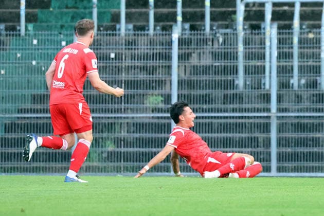 September 9, 2026, xrekx, Regional League Southwest Soccer, FC Homburg vs. 1. FC Kaiserslautern II – Goal celebration after Dion Hofmeister scored the 0-1 goal for 1. FC Kaiserslautern II against Homburg