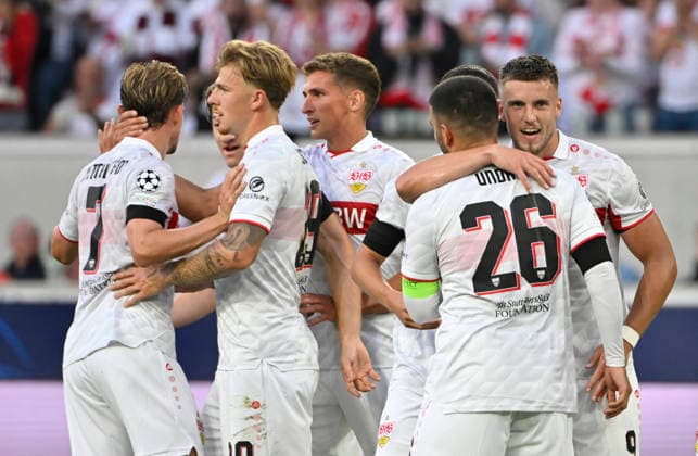 GOAL: 3-1 Ermedin Demirovic, VfB Stuttgart 09; Goal celebration: Deniz Undav, VfB Stuttgart 26; Grischa Proemel, VfB Stuttgart 21; Finn Jeltsch, VfB Stuttgart 29; Maximilian Mittelstaedt, VfB Stuttgart 07; Champions League: VfB Stuttgart vs. Viking FK Stavanger 09 09 2026 DFL regulations prohibit any use of photographs as image sequences and or quasi-video Champions League: VfB Stuttgart vs. Viking FK Stavanger