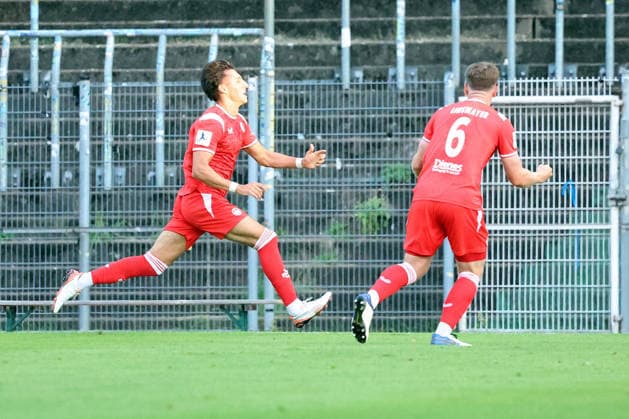 September 9, 2026, xrekx, Regional League Southwest Soccer, FC Homburg vs. 1. FC Kaiserslautern II – Goal celebration after Dion Hofmeister scored the 0-1 goal for 1. FC Kaiserslautern II against Homburg