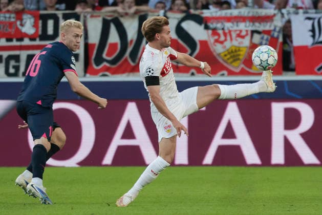 Pictured from left: Henrik Bjordal of Viking FK, 16, and Maximilian Mittelstaedt of VfB Stuttgart, 7, with the ball on September 9, 2026, VfB Stuttgart vs. Viking FK, UEFA Champions League, Matchday 1, Germany, Stuttgart, MHP Arena. DFL regulations prohibit any use of photographs as image sequences and or quasi-video. Copyright: HMBxMedia xJulienxBecker