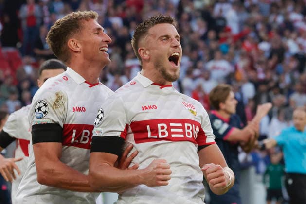 Pictured: Celebrations after the goal that made it 3–1, from left: Grischa Proemel (VfB Stuttgart, 21) and goal scorer Ermedin Demirovic (VfB Stuttgart), September 9, 2026, VfB Stuttgart vs. Viking FK, UEFA Champions League, Matchday 1, Germany, Stuttgart, MHP Arena, DFL REGULATIONS PROHIBIT ANY USE OF PHOTOGRAPHS AS IMAGE SEQUENCES AND OR QUASI-VIDEO Copyright: HMBxMedia xJulienxBecker