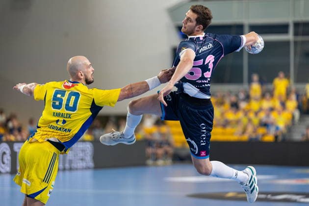 Kielce 09.09.2026. Handball EHF Champions League season 2026 2027 round 1 match between Industria Kielce and HC Kriens-Luzern in Kielce, Poland --- Pilka reczna EHF Liga Mistrzow sezon 2026 2027 kolejka 1 mecz : Industria Kielce - HC Kriens-Luzern Persons Shown : Mykola Bilyk Artsem Karalek Photo by Igor Jakubowski Arena Akcji NEWSPIX.PL --- newspix.pl 