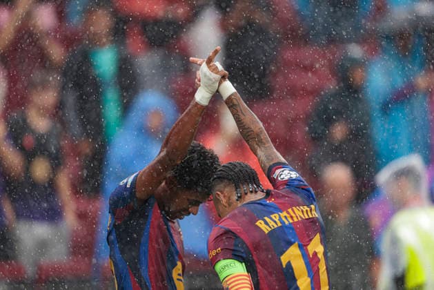 Lamine Yamal and Raphinha seen celebrating after scoring goal during UEFA Champions League 2026 2027 league phase game between teams of FC Barcelona, Barca and Feyenoord Rotterdam (Maciej Rogowski Ball Raw Images) Barcelona Camp Nou Spain Copyright: xMaciejxRogowskix maciejrogowski_fcbarcelona_feyenoord_2627-3