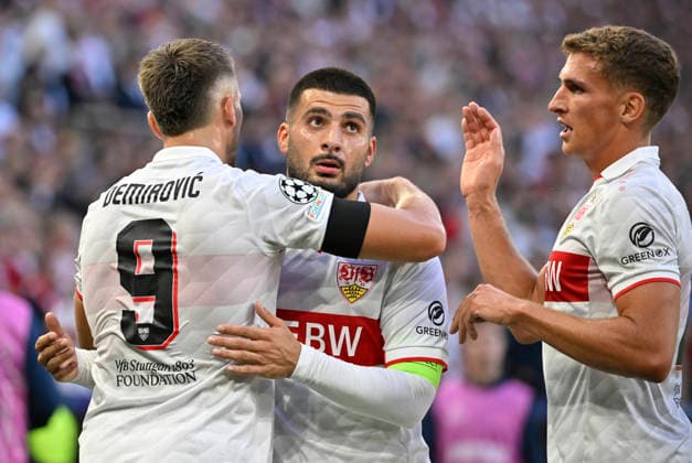 GOAL: 1–0 Ermedin Demirovic, VfB Stuttgart 09; Deniz Undav, VfB Stuttgart 26, celebrates; Grischa Proemel, VfB Stuttgart 21; Champions League: VfB Stuttgart vs. Viking FK Stavanger, September 9, 2026; DFL REGULATIONS PROPROHIBIT ANY USE OF PHOTOGRAPHS AS IMAGE SEQUENCES AND OR QUASI-VIDEO Champions League: VfB Stuttgart vs. Viking FK Stavanger