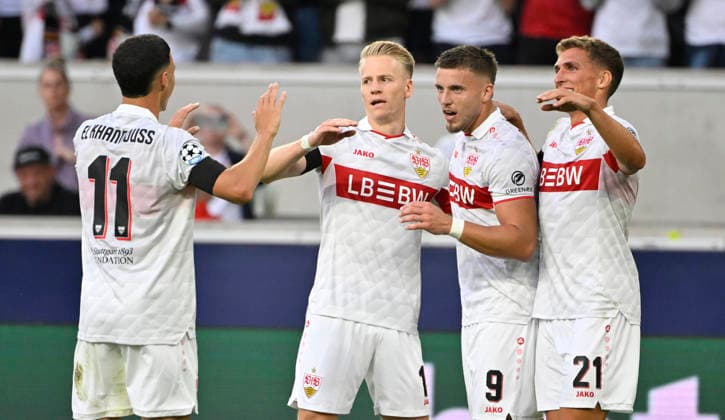 GOAL: 3-1 Ermedin Demirovic, VfB Stuttgart 09; Goal celebration: Bilal El Khannouss, VfB Stuttgart 11; Chris Fuehrich, VfB Stuttgart 10; Grischa Proemel, VfB Stuttgart 21; Champions League: VfB Stuttgart vs. Viking FK Stavanger 09 09 2026 DFL regulations prohibit any use of photographs as image sequences and or quasi-video. Champions League: VfB Stuttgart vs. Viking FK Stavanger