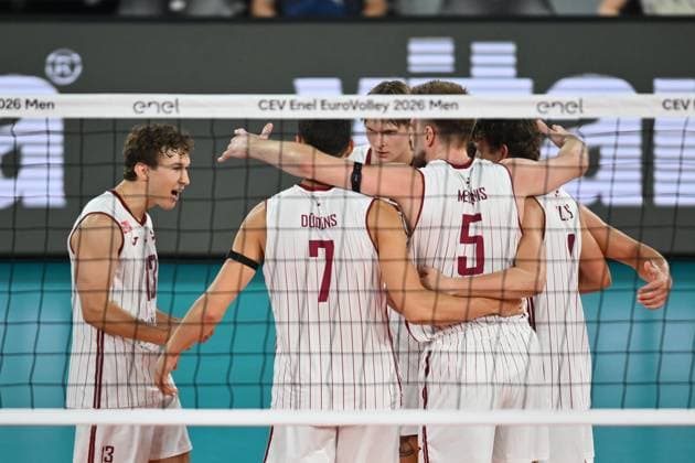 CEV EuroVolley 2026, Romania - Latvia Latvia players celebrate after the first set during the CEV EuroVolley 2026 game between Romania and Latvia, in Cluj Napoca, Romania, 9 September 2026. Alex Nicodim Imago Images Copyright: xAlexxNicodimx