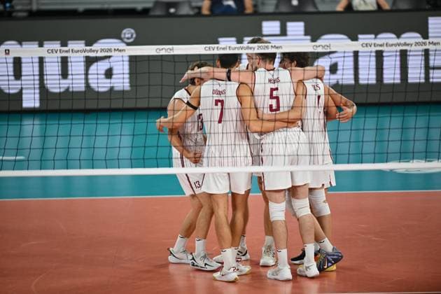 CEV EuroVolley 2026, Romania - Latvia Latvia players celebrate after the first set during the CEV EuroVolley 2026 game between Romania and Latvia, in Cluj Napoca, Romania, 9 September 2026. Alex Nicodim Imago Images Copyright: xAlexxNicodimx