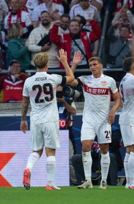 Grischa Proemel and Finn Jeltsch of Stuttgart celebrate the goal during UEFA Champions League - Matchday 1 season 26 27 game between Stuttgart and Viking (Ruslan Taran Ball Raw Images) Stuttgart MHP Arena Germany Copyright: xRuslanxTaranx RUS_STUTT-VIKING-0162