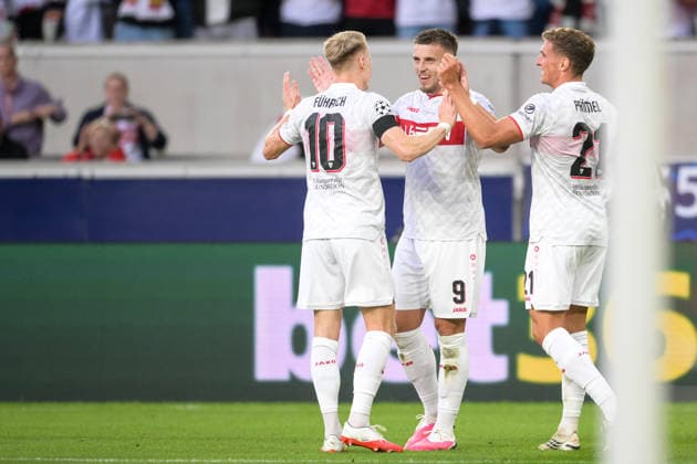 Soccer, UEFA Champions League, 20260909, VfB Stuttgart vs. Viking FK Stavanger. Pictured: Goal 3-1, goal celebration; from left: Chris FÜHRICH (Stuttgart), No. 10; goal scorer Ermedin DEMIROVIC (Stuttgart), No. 9; and Grischa PRÖMEL (Stuttgart), No. 21; at the Stuttgart MHP Arena, Baden-Württemberg, Germany Copyright: Passion2Press MarkusxFischerx