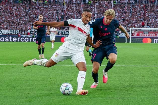 Jamie Leweling (18), VfB Stuttgart, in action against Tobias Moi (29), Viking Stavanger; VfB Stuttgart vs. Viking Stavanger; Soccer; Men; UEFA Champions League; 2026–2027 Season; Matchday 1, September 9, 2026, Stuttgart, Baden-Württemberg, Germany Copyright: xkolbert-press MartinxAgüerax