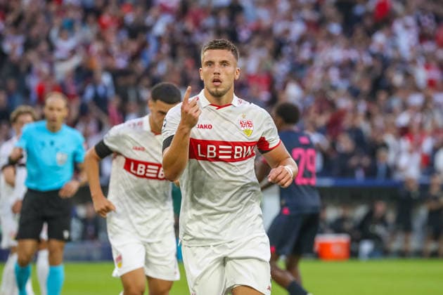 09 09 26 VfB Stuttgart vs. Viking Stavanger Germany, Stuttgart, 09 09 2026, Soccer, UEFA Champions League, 2026–2027 season, VfB Stuttgart vs. Viking Stavanger, Ermedin Demirovic, VfB Stuttgart, celebrating a goal, 3–1, Demirovic