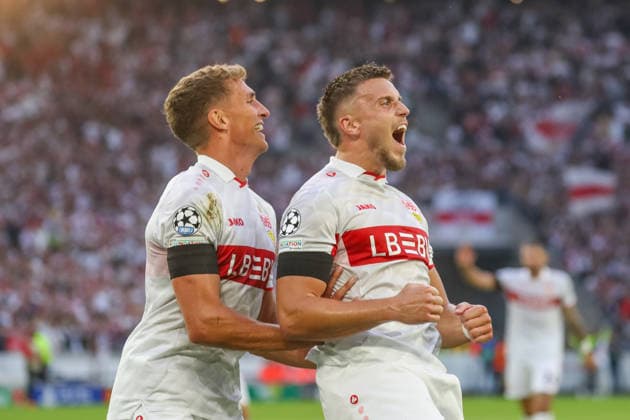 09 09 26 VfB Stuttgart vs. Viking Stavanger, Germany, Stuttgart, 09 09 2026, Soccer, UEFA Champions League, 2026–2027 season, VfB Stuttgart vs. Viking Stavanger; from left: Grischa Prömel and Ermedin Demirovic, both of VfB Stuttgart; celebrating the 3-1 goal by Demirovic