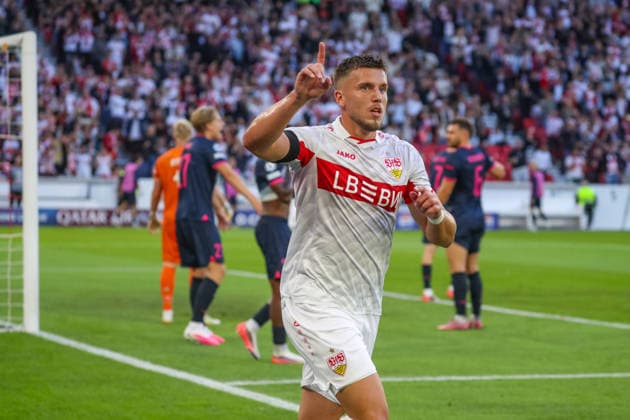 09 09 26 VfB Stuttgart vs. Viking Stavanger, Germany, Stuttgart, 09 09 2026, Soccer, UEFA Champions League, 2026–2027 season, VfB Stuttgart vs. Viking Stavanger: Ermedin Demirovic (VfB Stuttgart) celebrates a 1-0 goal by Demirovic