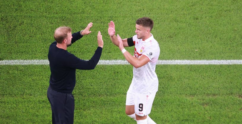 09 09 26 VfB Stuttgart vs. Viking Stavanger Germany, Stuttgart, 09 09 2026, Soccer, UEFA Champions League, 2026–2027 season, VfB Stuttgart vs. Viking Stavanger; VfB Coach Sebastian Hoeneß with Ermedin Demirovic