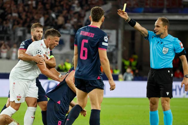 Ermedin Demirovic of VfB Stuttgart, No. 09, tackles Joe Bell of Viking Stavanger, No. 08, and Joe Bell of Viking Stavanger, No. 08, receives a yellow card from referee Nenad Minakovic (SRB) for a foul on Bilal El Khannouss of VfB Stuttgart, 11, Germany, Soccer, UEFA Champions League, Matchday 1, 2026–2027, VfB Stuttgart vs. Viking Stavanger, September 9, 2026, Stuttgart Arena, Stuttgart, Germany Copyright: xGrantxHubbsx