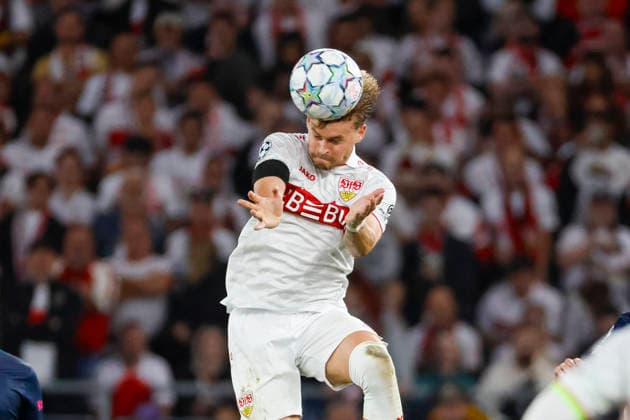 Maximilian Mittelstädt, Mittelstadt, VfB Stuttgart, No. 07 heading the ball, Germany, soccer, UEFA Champions League, Matchday 1, 2026–2027, VfB Stuttgart vs. Viking Stavanger, September 9, 2026, Stuttgart Arena, Stuttgart, Germany Copyright: xGrantxHubbsx