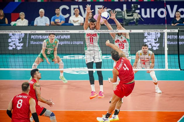 Volleyball - CEV EuroVolley 2026 Group B - Bulgaria vs North Macedonia - 09.09.2026 SOFIA, BULGARIA - September 9th: Aleks Grozdanov, 11 of Bulgaria and Denislav Bardarov, 19 of Bulgaria during CEV EuroVolley 2026, Group B match between Bulgaria vs North Macedonia at Arena 8888 on September 9th, 2026 in Sofia, Bulgaria. Copyright: xYulianxTodorovx