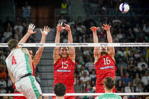 Volleyball - CEV EuroVolley 2026 Group B - Bulgaria vs North Macedonia - 09.09.2026 SOFIA, BULGARIA - September 9th: Filip Madjunkov, 15 of Macedonia, Stojan Iliev, 16 of Macedonia and Martin Atanasov, 4 of Bulgaria during CEV EuroVolley 2026, Group B match between Bulgaria vs North Macedonia at Arena 8888 on September 9th, 2026 in Sofia, Bulgaria. Copyright: xYulianxTodorovx