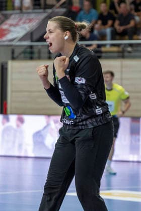 Alsco Women s Handball Bundesliga, 2026–2027 Season: SV Union Halle Neustadt vs. HSG Blomberg Lippe; Halle, Germany; September 9, 2026. Pictured: Goaltender Lena Schmied; Halle: Cheering, joy, emotion; Halle Saale SWH Arena, Saxony-Anhalt, Germany