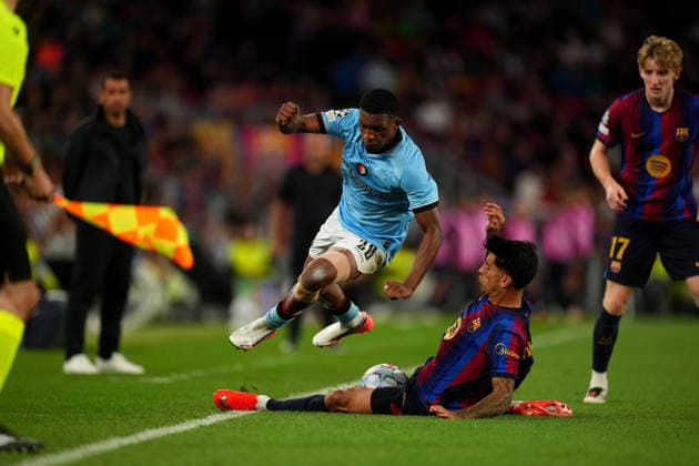 UEFA Champions League: FC Barcelona, Barca v Feyenoord Rotterdam Barcelona - Givairo Read of Feyenoord Rotterdam battles for possession with Joao Cancelo of FC Barcelona and Anthony Gordon of FC Barcelona during the first competition round of the 2026 2027 UEFA Champions League season. The match is set between FC Barcelona and Feyenoord Rotterdam at Camp Nou on 9 September 2026 in Barcelona, Spain. (Hero Images Yannick Verhoeven) Copyright: xYannickxVerhoevenx