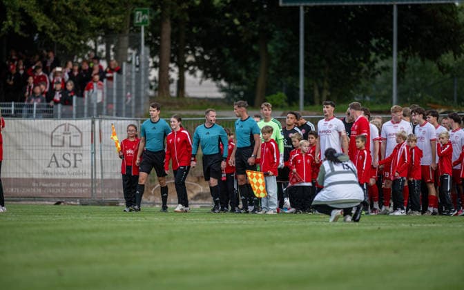 Soccer, 2026–2027 Season, Lower Rhine Cup, September 9, 2026, First Round, Men’s, SV Biemenhorst White vs. Fortuna Düsseldorf Black; Marten Kaufels, Assistant Referee; Lars Aarts, Referee; Marvin Konopatzki, Assistant Referee; Bocholt, Stadion am Huenting, Germany 260909_fb_sv-biemenhorst_fortuna-duesseldorf_58614