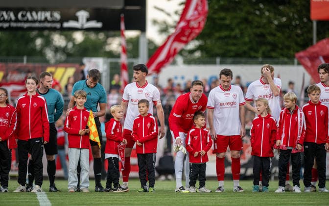 Soccer, 2026–2027 Season, Lower Rhine Cup, September 9, 2026, First Round, Men s, SV Biemenhorst White vs. Fortuna Düsseldorf Black; from left: Justin Heckers (SV Biemenhorst), Sebastian Kaiser (goalkeeper, SV Biemenhorst), Niklas Laigre (SV Biemenhorst), Luca Schanzmann (SV Biemenhorst); Bocholt, Stadion am Huenting, Germany 260909_fb_sv-biemenhorst_fortuna-duesseldorf_58617