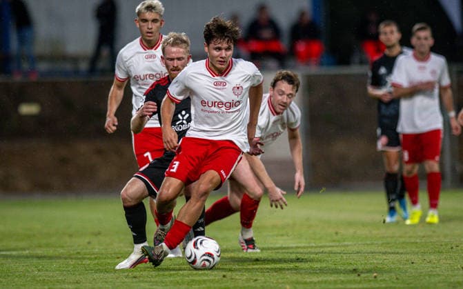 Soccer, 2026–2027 Season, Lower Rhine Cup, September 9, 2026, First Round, Men’s, SV Biemenhorst White vs. Fortuna Düsseldorf Black; from left: Jomaine Consbruch (Fortuna Düsseldorf), Ferdinand Schulte (SV Biemenhorst), Bocholt, Stadion am Huenting, Germany 260909_fb_sv-biemenhorst_fortuna-duesseldorf_58644