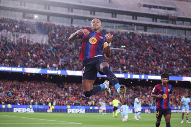 September 9, 2026, Barcelona, Barcelona, Spain: Raphinha Dias Belloli of FC Barcelona, Barca celebrates after scoring his team s third goal during the UEFA Champions League 2026 27 League Phase MD1, football match played between FC Barcelona and Feyenoord at Spotify Camp Nou Stadium on September 09, 2026 in Barcelona, Spain. Barcelona Spain - ZUMAa181 20260909_zaa_a181_132 Copyright: xJavierxBorregox